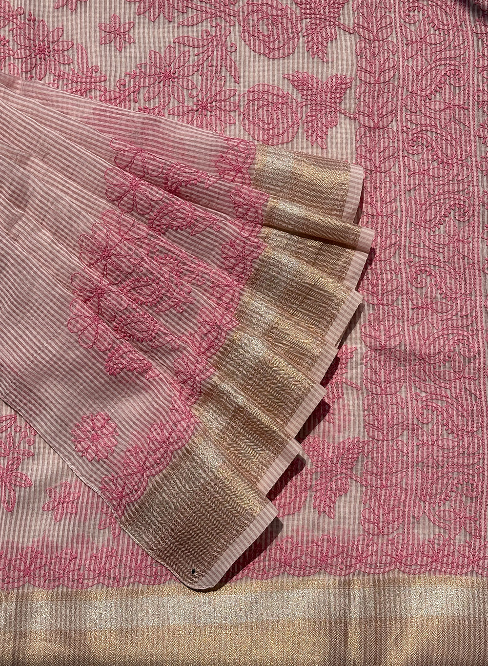 Pink On Pink Cotton Chanderi - Aks Hand Embroidered Chikankari Saree