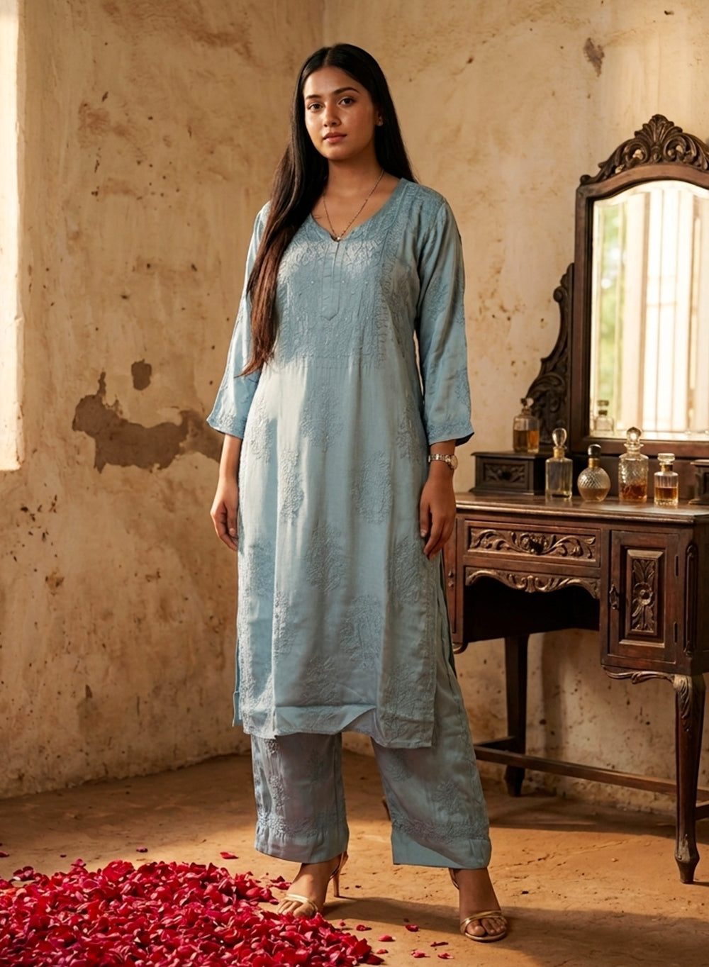 Seher Teal - Nargis Satin Chikankari Kurta & Palazzo Set