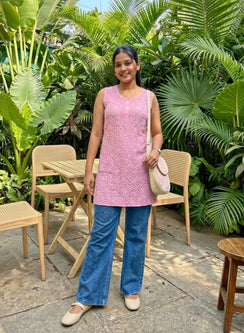 Pink - Gulshan Viscose Front Jaal Chikankari Shot Top