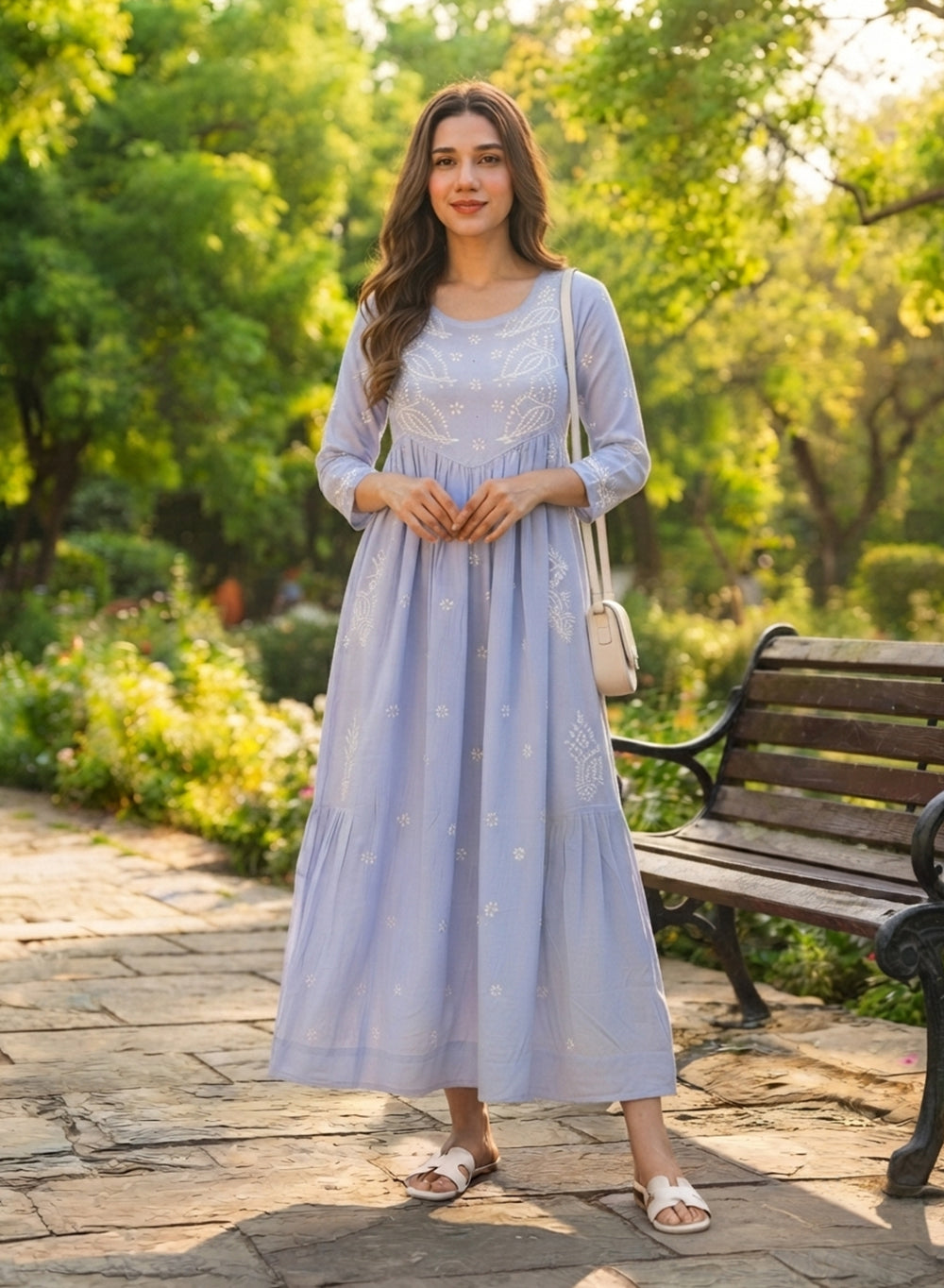 Saaz Powder Blue - Aarzoo Rayon Hand Embroidered Chikankari One Piece Dress With Mukaish Worksh Work