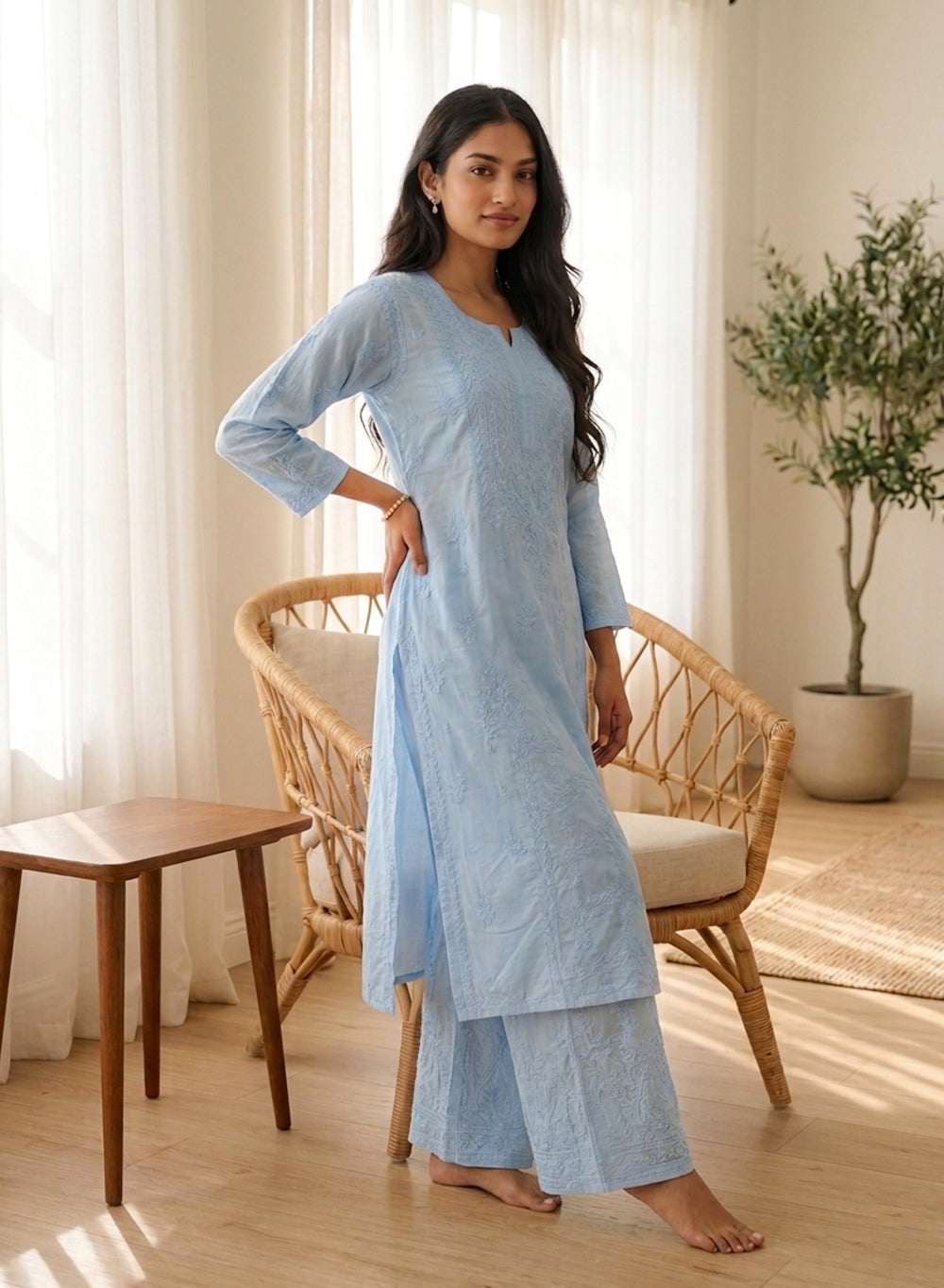 Saanjh Aqua Blue - Nargis Muslin Chikankari Kurta & Palazzo Set