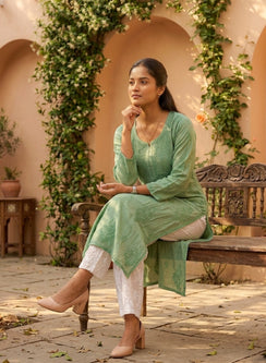 Green -  Anjuman Muslin Chikankari Kurta With Katdana