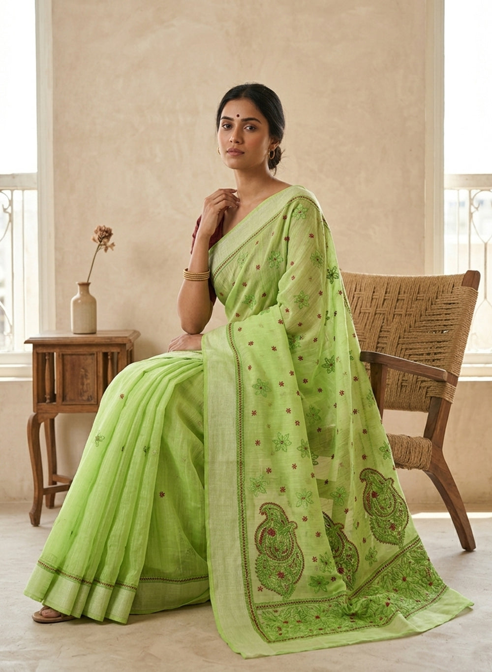 Light Green- Aks Cotton Chanderi Multi - Coloured Thread Embroidered Chikankari Saree