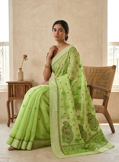 Light Green- Aks Cotton Chanderi Multi - Coloured Thread Embroidered Chikankari Saree