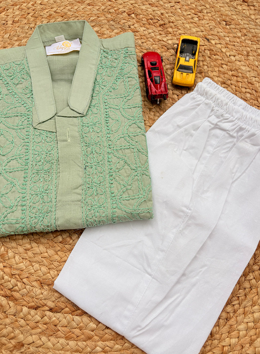 Olive Green Front Jaal - Cotton Chikankari Kurta With Self Thread Work & Pajama
