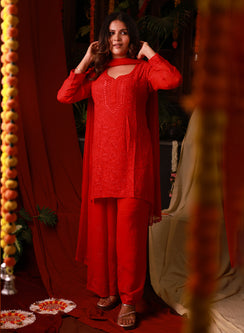 Red Nargis - Viscose Chikankari Short Kurta Set with Palazzo & Chiffon Dupatta