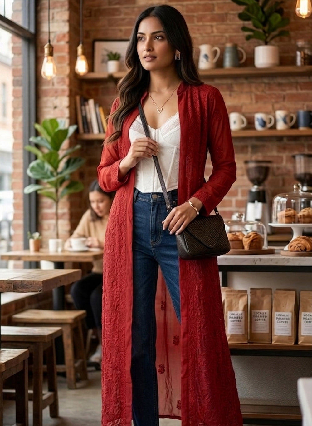 Brick - Aarzoo Viscose Long Chikankari Shrug