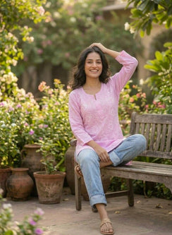 Baby Pink - Gulshan Linen Cotton Double Layered Chikankari Short Top