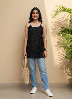 Noori Black - Muslin Noodle Strap Gulshan Chikankari Short Top