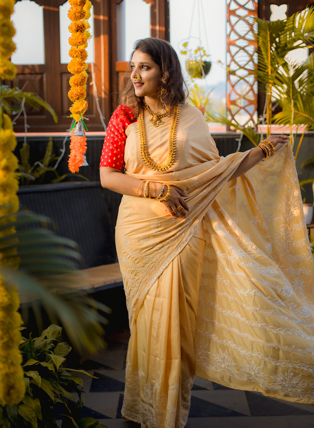 Beige Aks -  Pure Tussar Silk Chikankari Saree