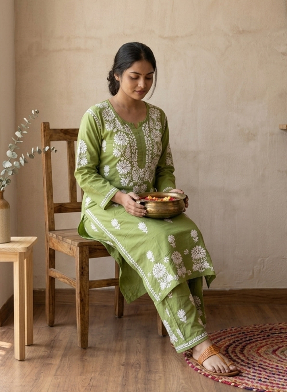 Green - Modal Nargis Chikankari Co-ords Set With White Thread Embroidery