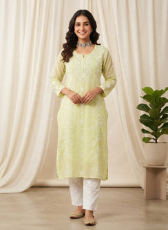 Lime - Mul Chanderi Bahaar Chikankari Kurta With Slip & Jaali Work