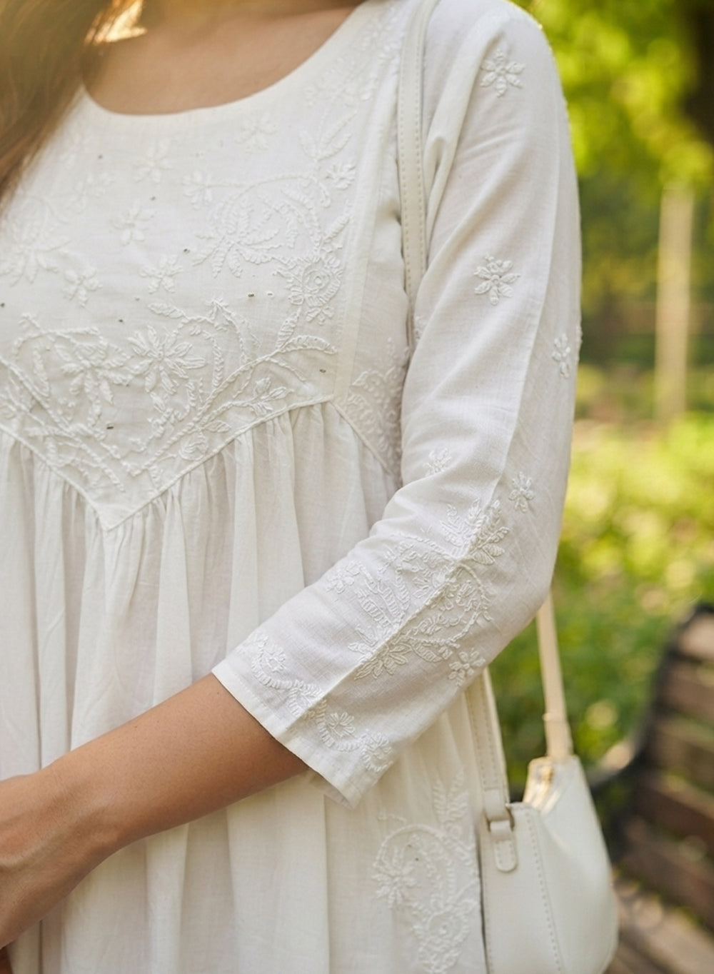 Saaz Cream - Aarzoo Rayon Hand Embroidered Chikankari One Piece Dress With Mukaish Worksh Work