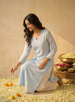 Light Blue - Anjuman Premium Viscose Chikankari Kurta With Katdana & Sequin