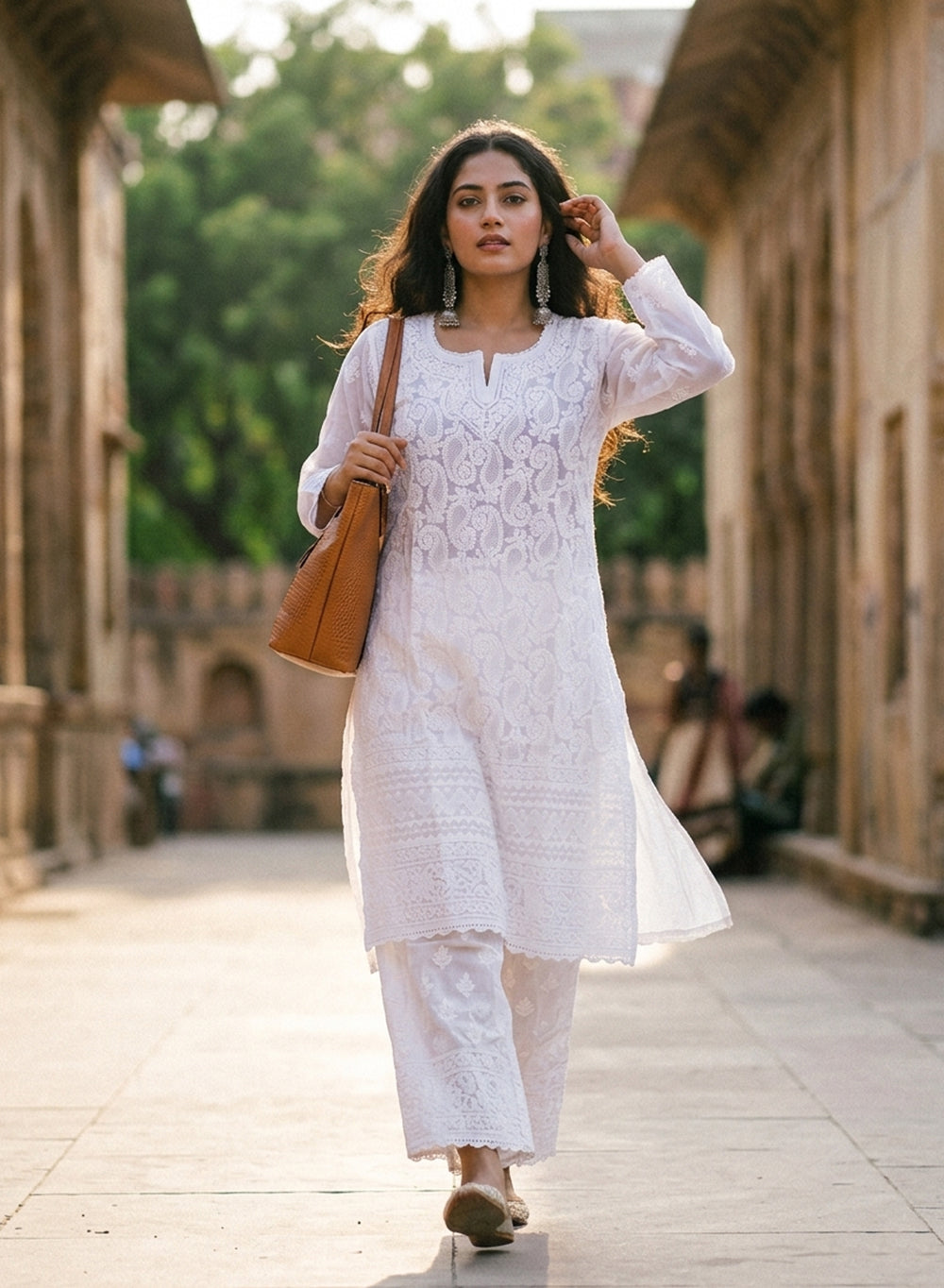 White - Bahaar Cotton Terry Voile Chikankari Kurta With Daraz & Crochet Work