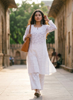 White - Bahaar Cotton Terry Voile Chikankari Kurta With Daraz & Crochet Work