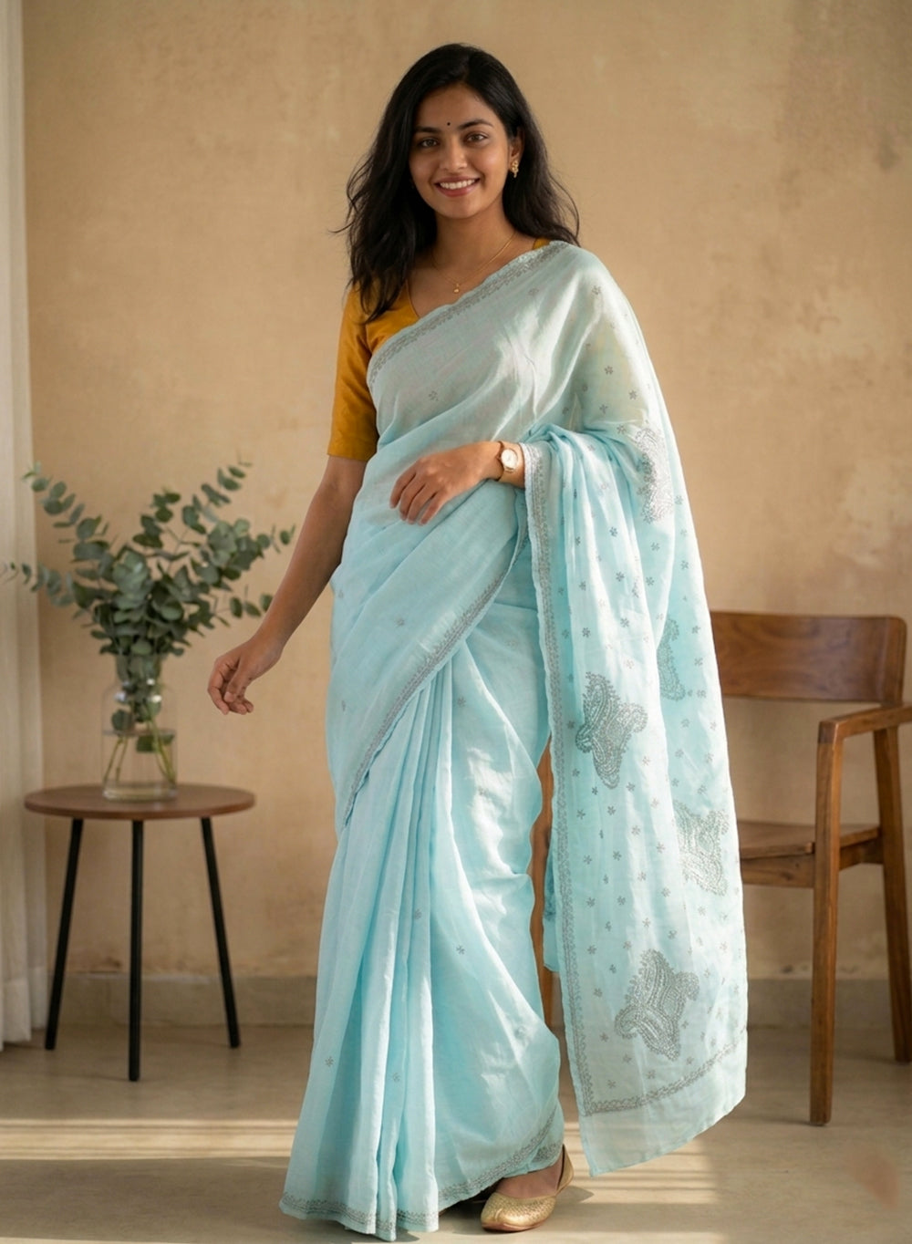 Powder Blue - Aks Cotton Terry Voile Self Thread Embroidered Chikankari Saree