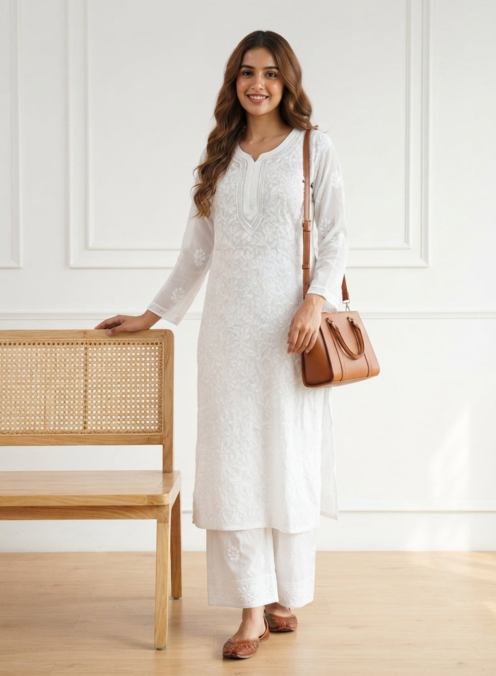 White - Anjuman Viscose Chikankari Kurta With Pearl & Katdana Work