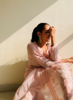 Sama Dusky Pink - Hand-Embroidered Chikankari Kota Doria Angarakha