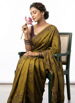 Olive Green - Aks Silk Chikankari Saree