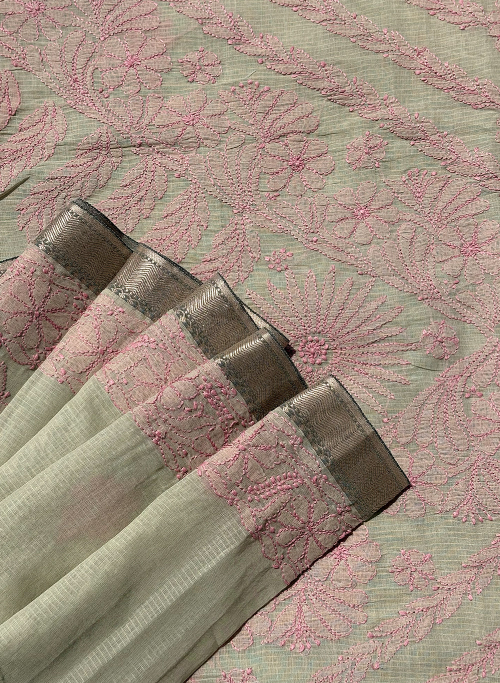 Sage Green With Pink Cotton Chanderi - Aks Hand Embroidered Chikankari Saree
