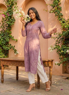 Onion Pink -  Anjuman Muslin Chikankari Kurta With Katdana