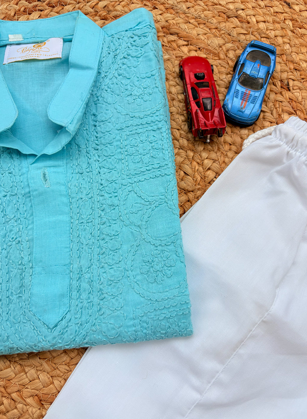 Sky Blue Front Jaal - Cotton Chikankari Kurta With Self Thread Work & Pajama