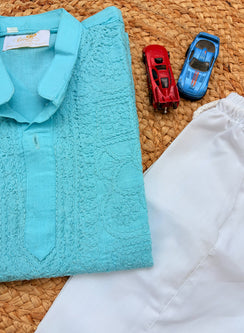 Sky Blue Front Jaal - Cotton Chikankari Kurta With Self Thread Work & Pajama