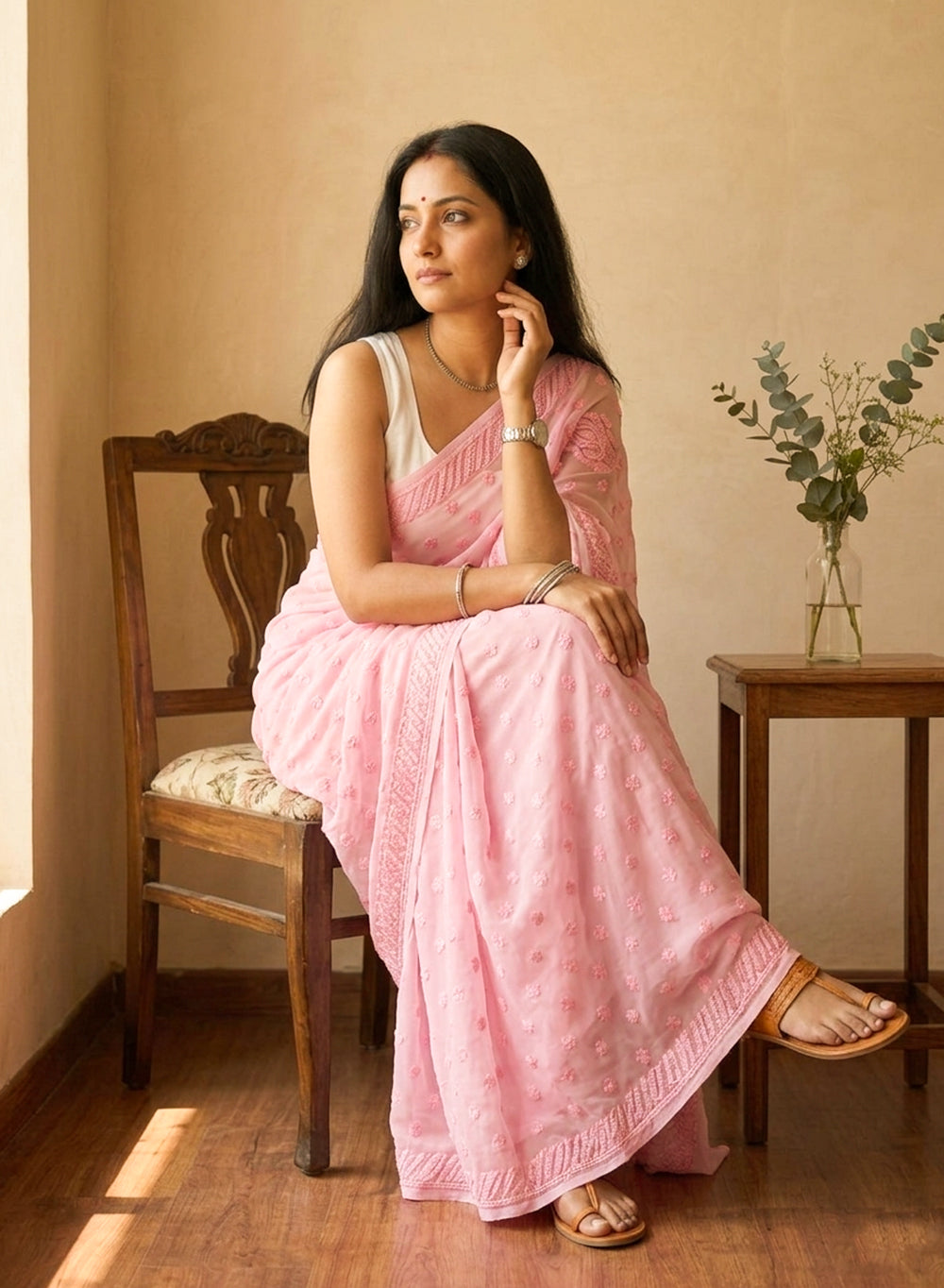 Baby Pink Self Thread - Aks Georgette Chikankari Saree