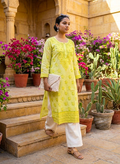Yellow - Bahaar Cotton Terry Voile Chikankari Kurt