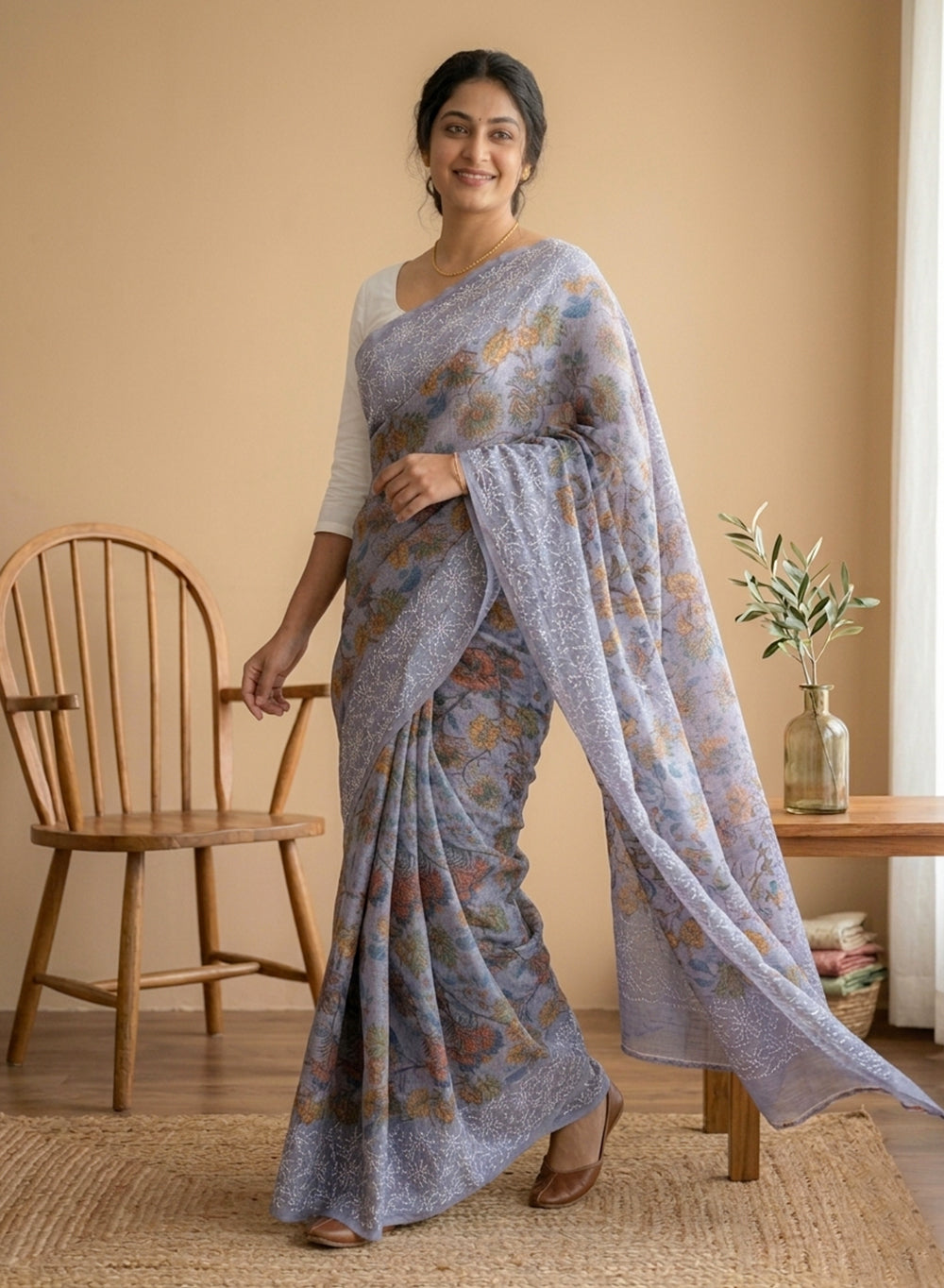 Aparajita Lavender - Aks Printed Kota Cotton Chikankari Saree