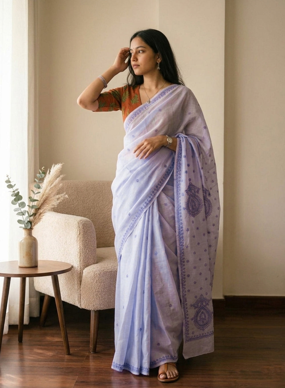 Lavender - Aks Cotton Terry Voile Self Thread Embroidered Chikankari Saree