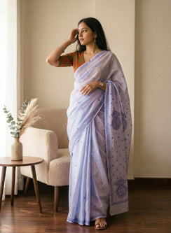 Lavender - Aks Cotton Terry Voile Self Thread Embroidered Chikankari Saree