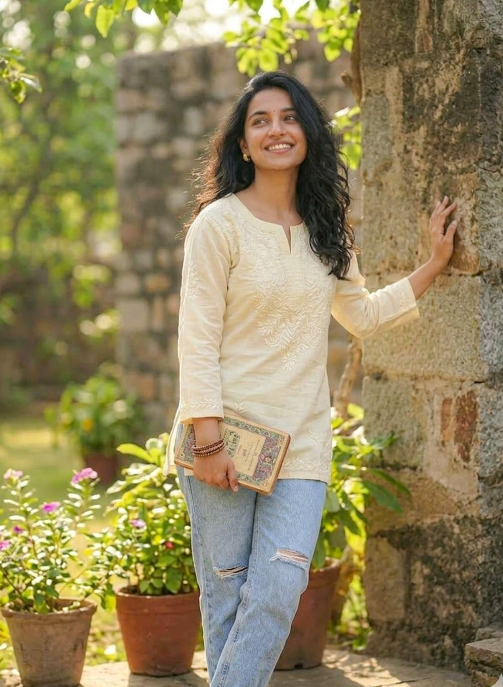 Lime - Gulshan Linen Cotton Double Layered Chikankari Short Top