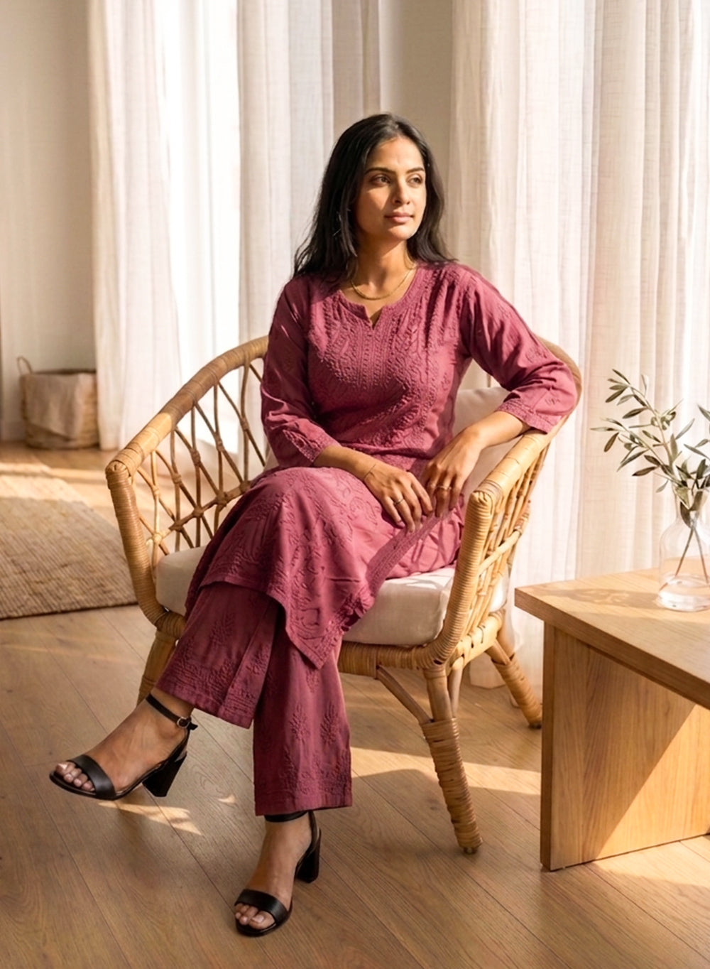 Saanjh Dusty Wine - Nargis Muslin Chikankari Kurta & Palazzo Set