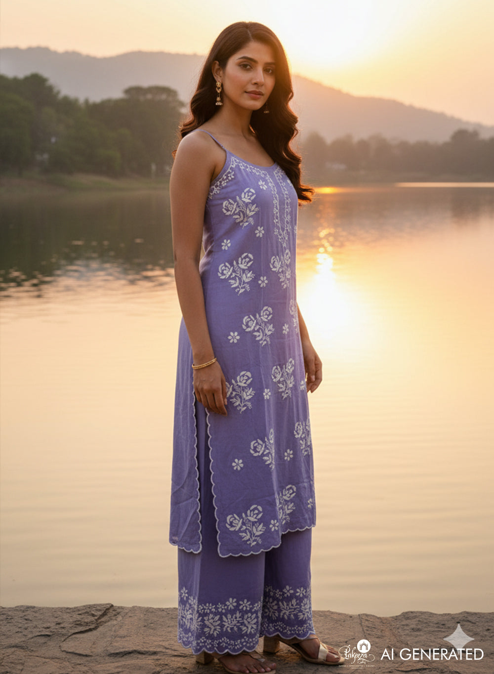 Kala Lavender - Nargis Chikankari Rayon Noodle Strap Kurta & Palazzo Set