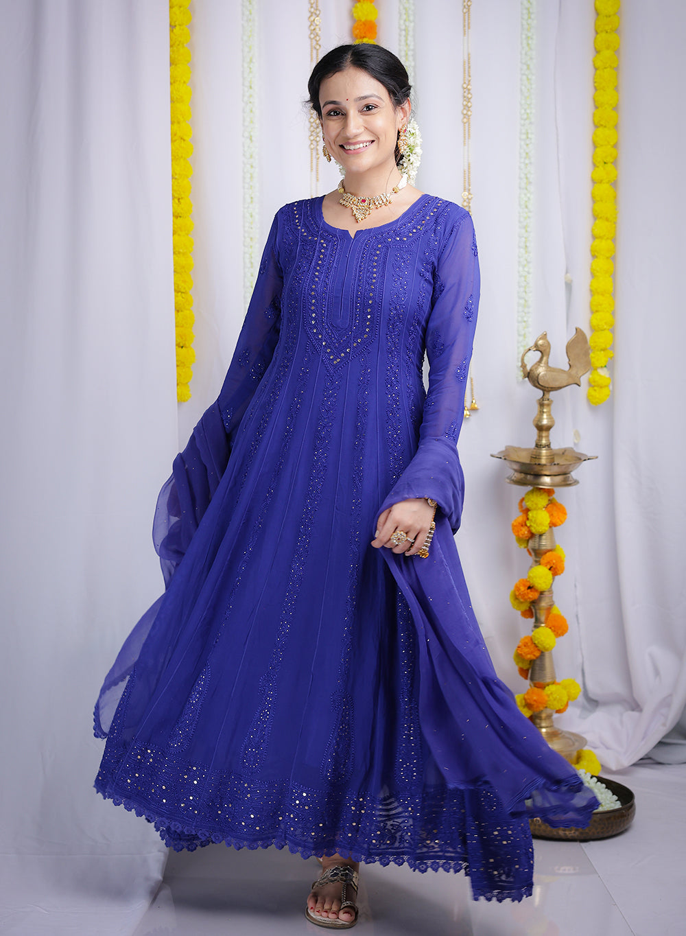 Ibadat Royal Blue - Viscose Anarkali & Dupatta Nargis Chikankari Set