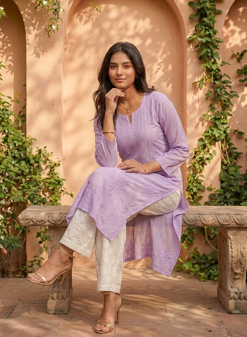 Lilac -  Anjuman Muslin Chikankari Kurta With Katdana