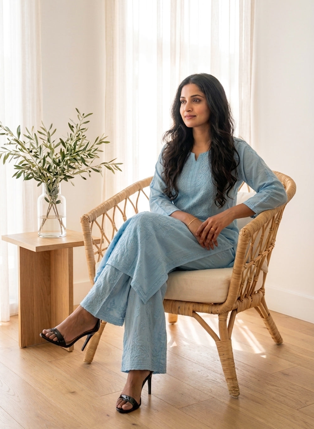 Saanjh Powder Blue - Nargis Muslin Chikankari Kurta & Palazzo Set