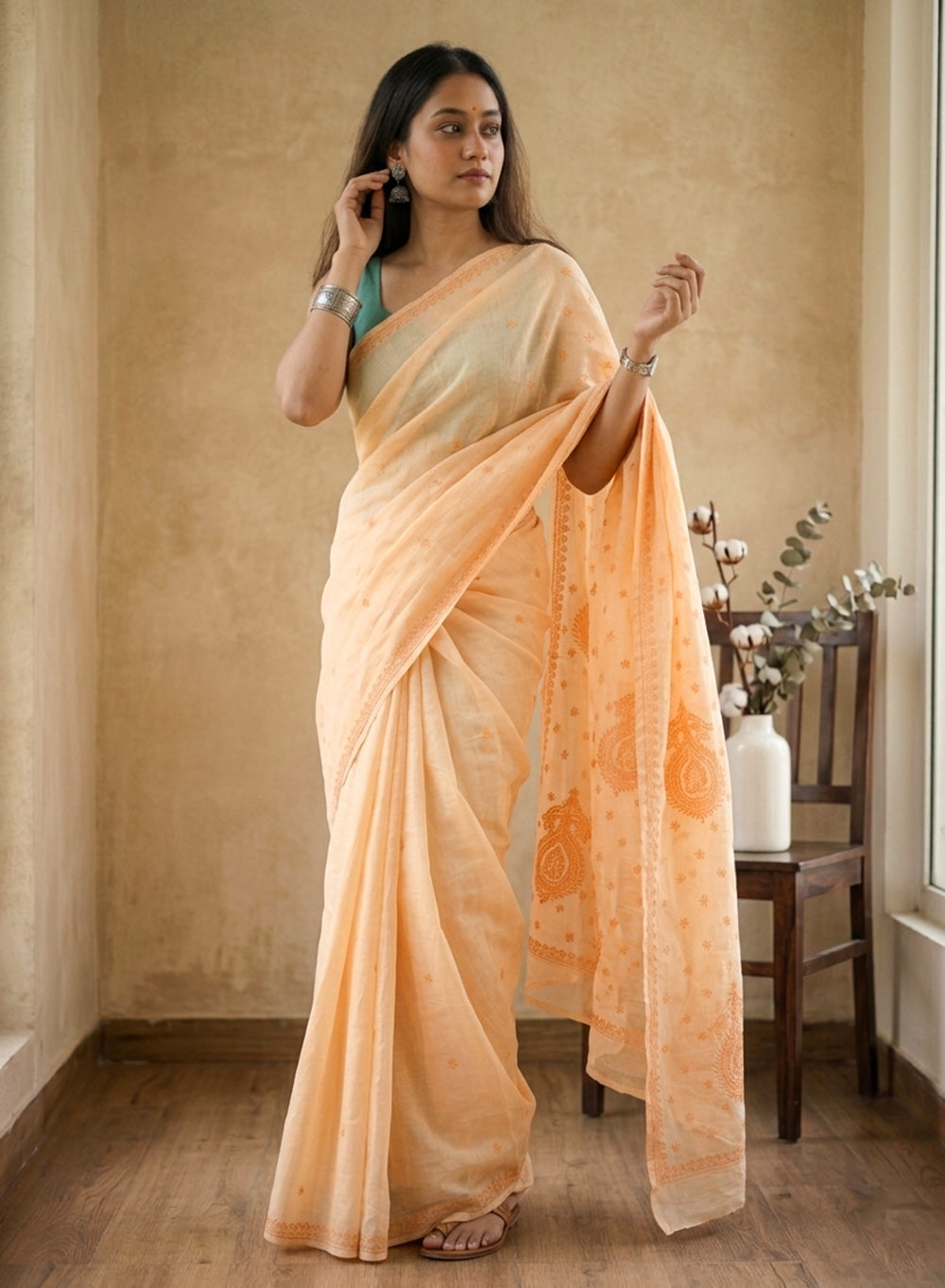Orange - Aks Cotton Terry Voile Self Thread Embroidered Chikankari Saree