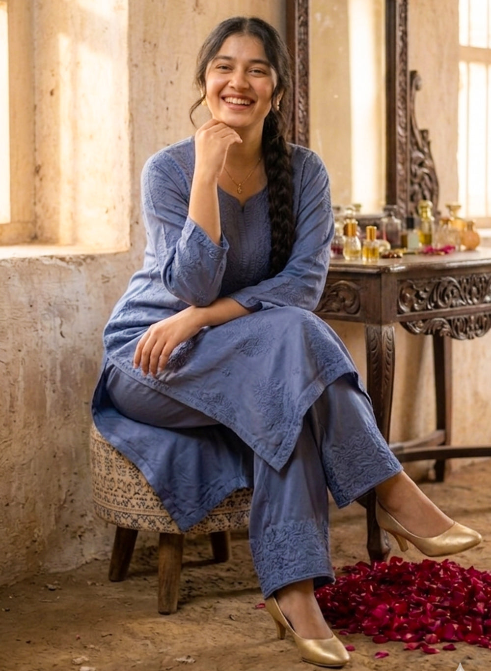 Seher Cobalt Blue - Nargis Satin Chikankari Kurta & Palazzo Set