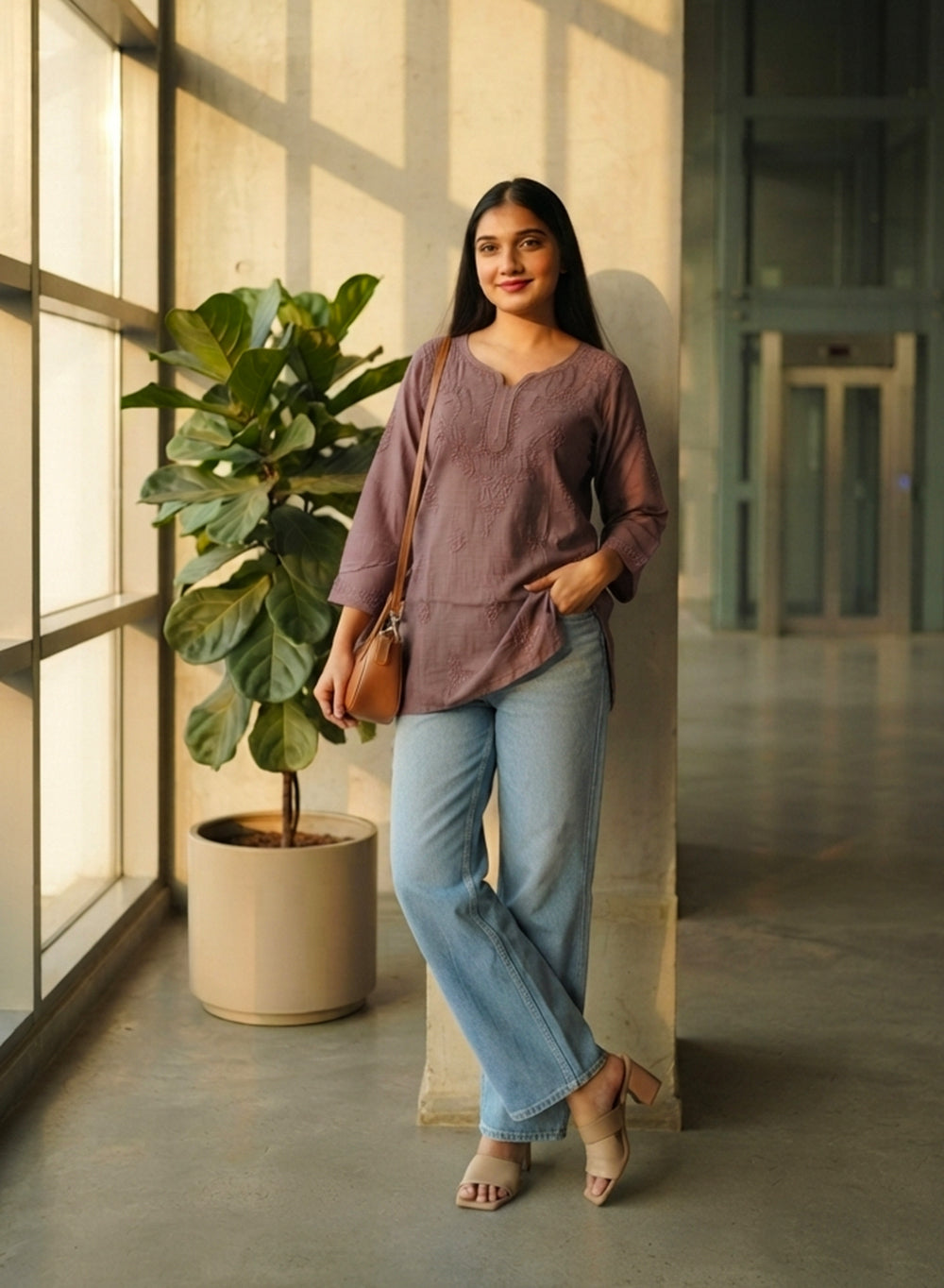 Alia Coffee - Gulshan Muslin Chikankari Short Top
