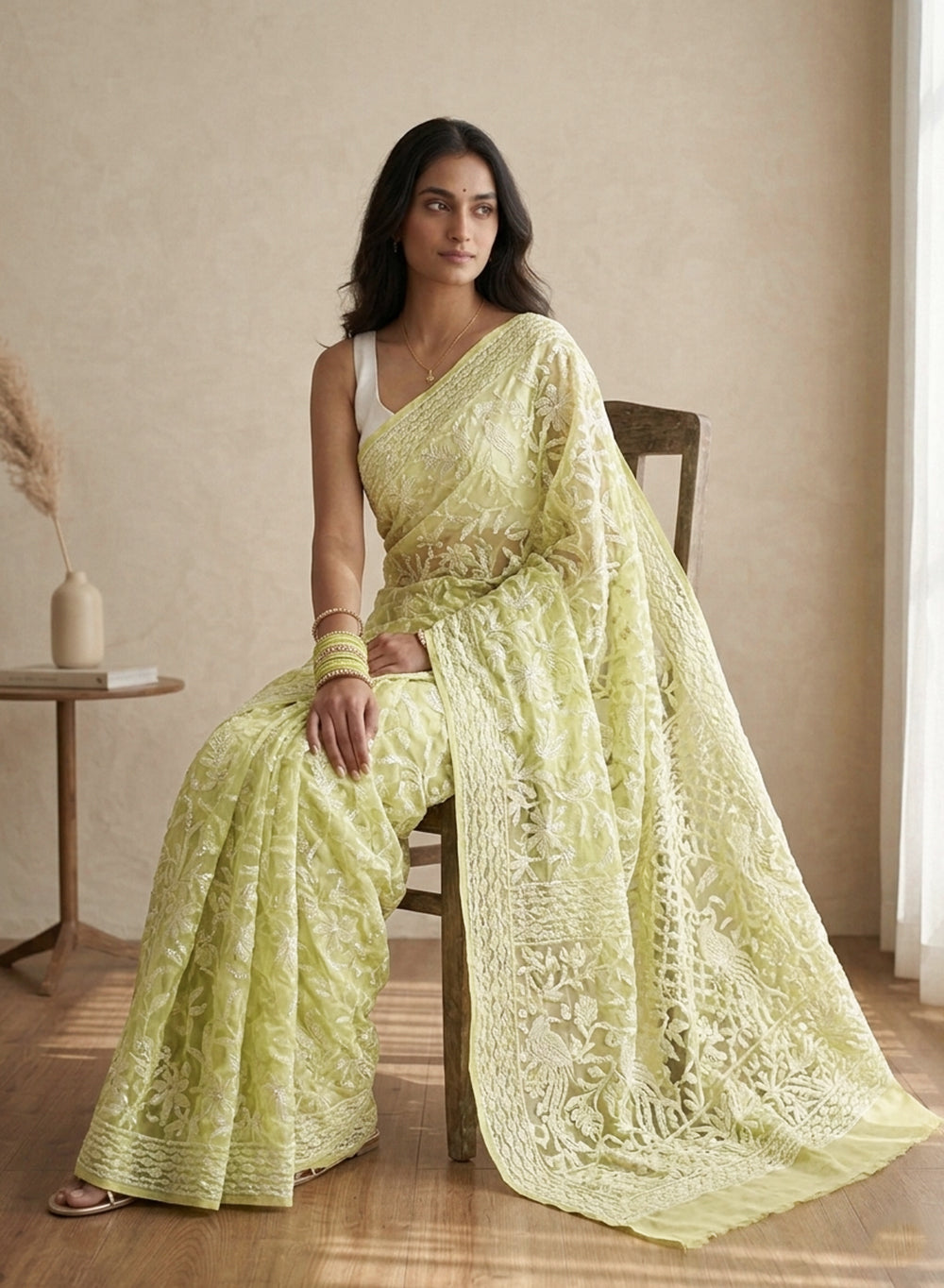 Pista Green Full Jaal - Aks Georgette Chikankari Saree