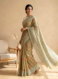 Aparajita Olive Green - Aks Printed Kota Cotton Chikankari Saree