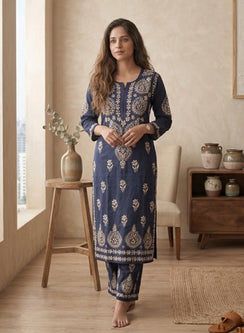 Navy Blue - Modal Nargis Chikankari Co-ords Set With White Thread Embroidery