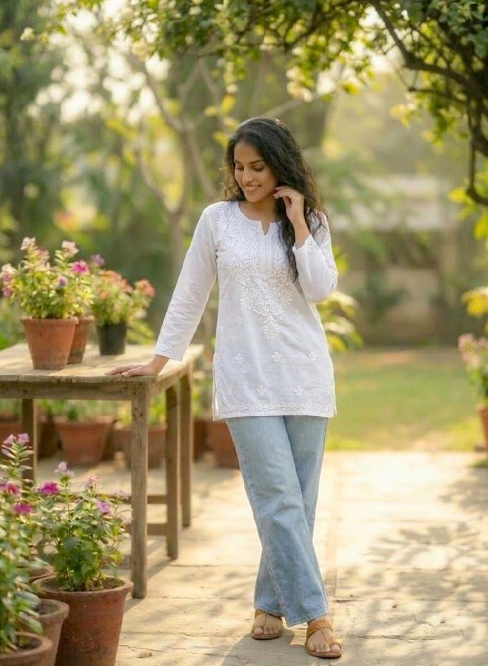 White - Gulshan Linen Cotton Double Layered Chikankari Short Top