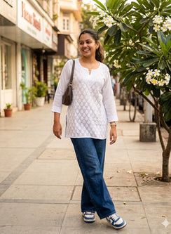 White - Gulshan Muslin Shadow Work Chikankari Short Top