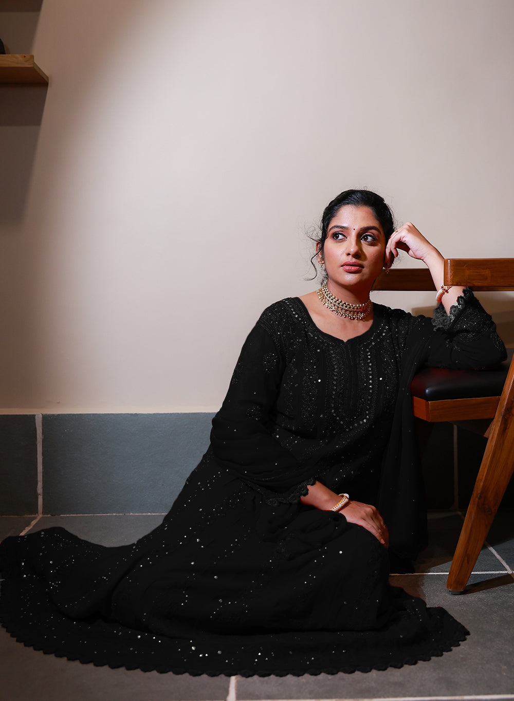 Ibadat Black - Viscose Anarkali & Dupatta Nargis Chikankari Set