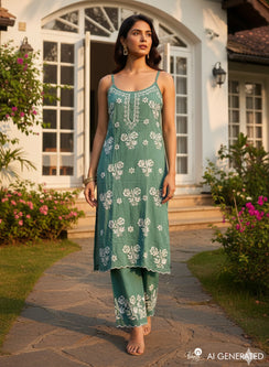 Kala Turquoise - Nargis Chikankari Rayon Noodle Strap Kurta & Palazzo Set
