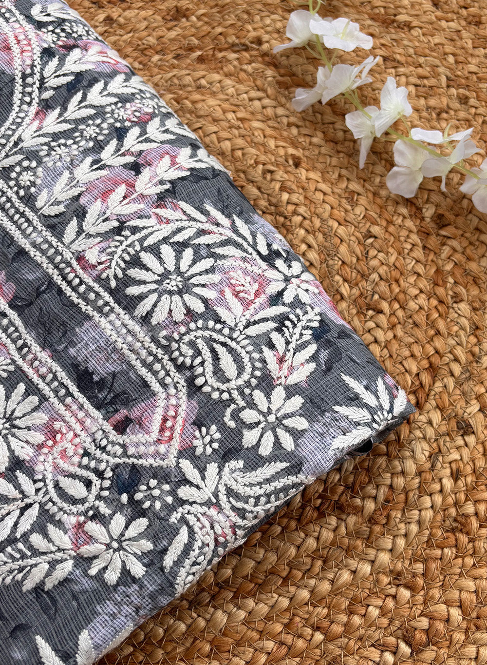 Gray- Nayaab Kota Printed Chikankari Kurta & Dupatta Set